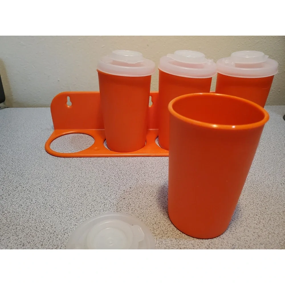 Vintage Tupperware Orange Tumblers Spice set Lids Wall Mount Rack grandmacore